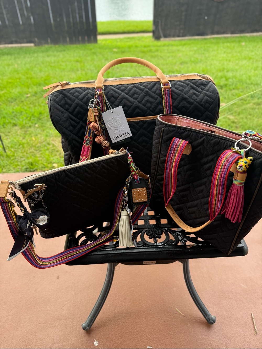 Consuela Black Quilted Crossbody Clutch Rainbow Strap EUC + Accessories - Picture 13 of 13